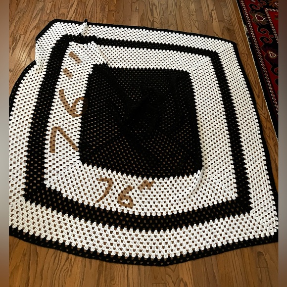 Hand made crochet white & black square throw/afghan/blanket/bed cover. 76” x 76” - Picture 4 of 4